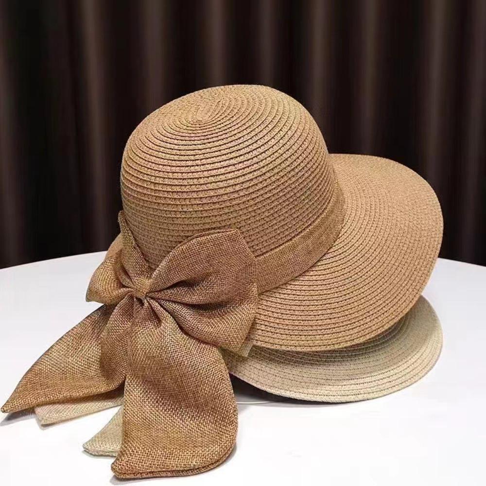 Breathable Big Brimmed Woven Cap Portable Bow Fisherman Cap Straw Weaving Beach Hat Women