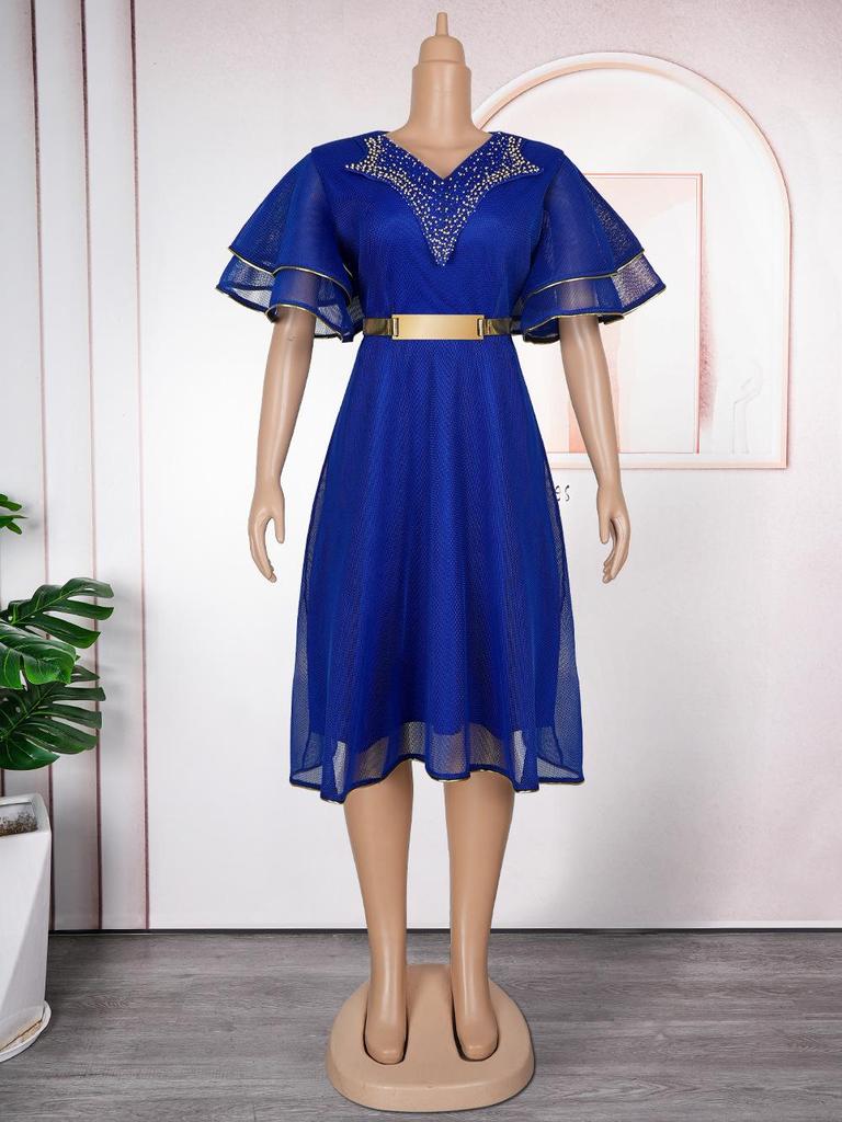 Plus Size V-neck African Women’s Bodycon Dress with Beaded Belt