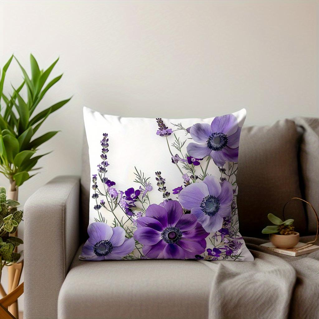 Purple Anemone Lavender Pillow Cover Vintage Botanical Floral Print Boho Wildflower Cushion Case For Sofa Bed Couch Home Decor