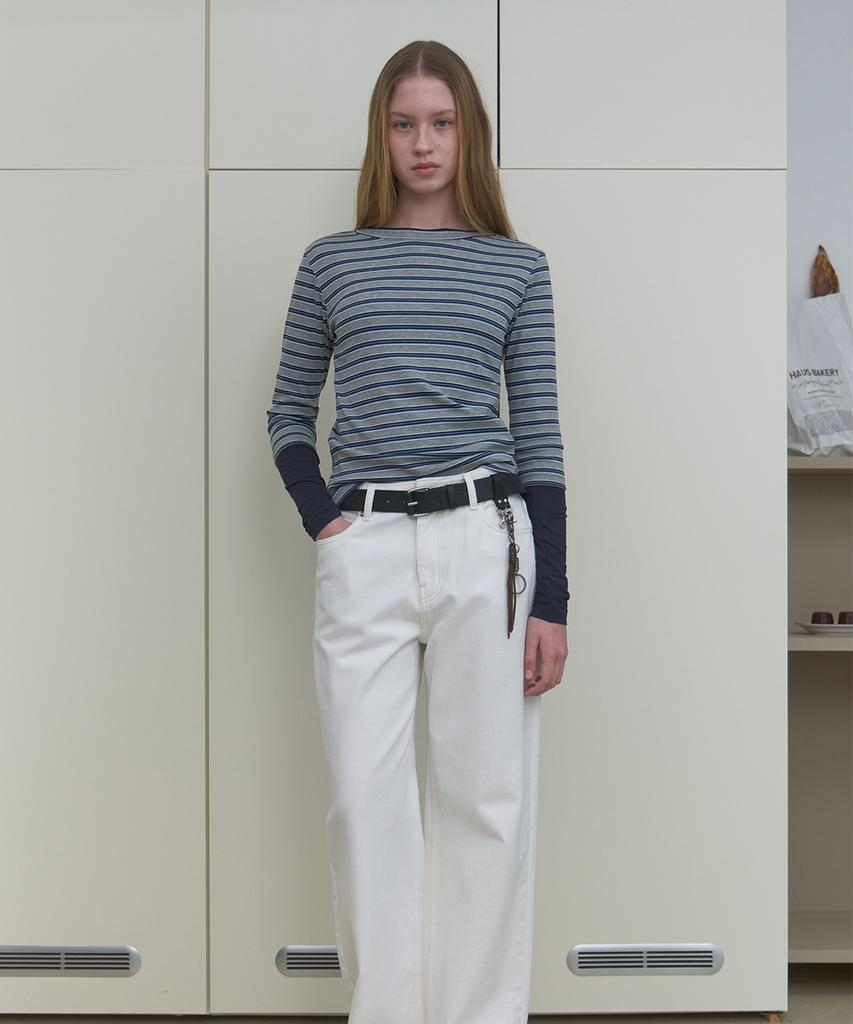 MA JOURNEE Stripe 3/4 Sleeve T-Shirt_Grey/Navy