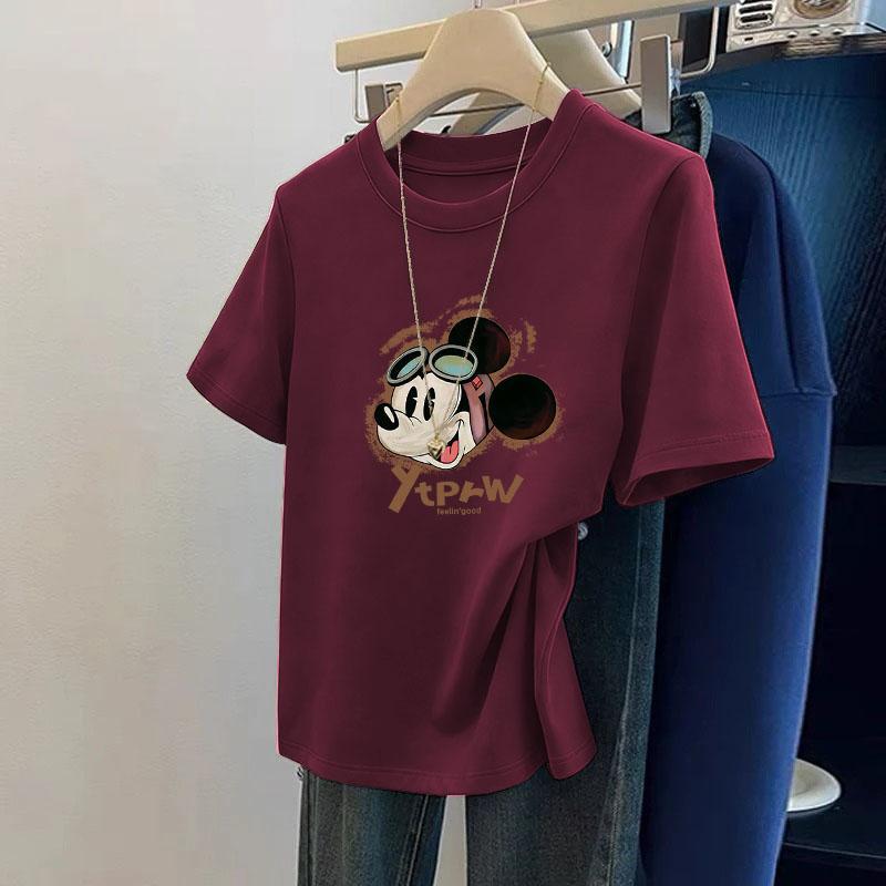 

Plus Size American Style Minimalist Cotton Round Neck Short Sleeve Loose T-shirt M (38-50 kg) вино красного