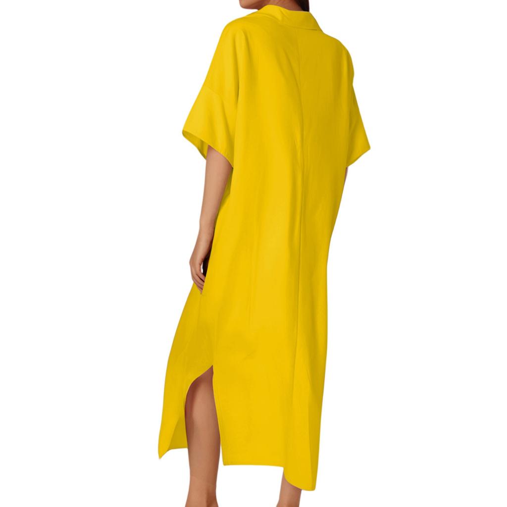 Damenmode Lässig Baumwolle Leinen Einfarbig Revers Knopf Kleid