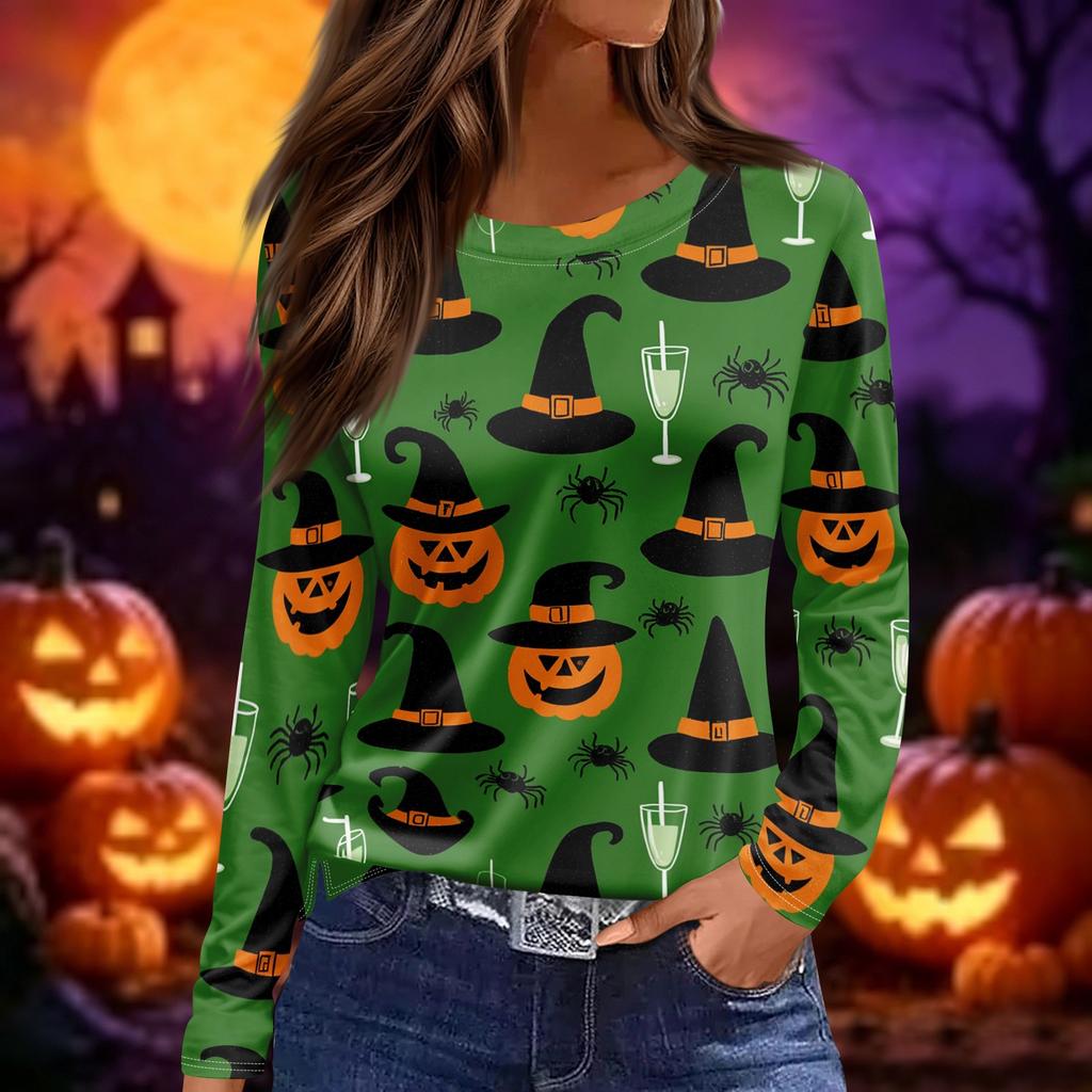 Women Fashion Long Sleeve Crew Neck Top Halloween Print Split Hem Casual Blouse Lightweight Comfortable Fit