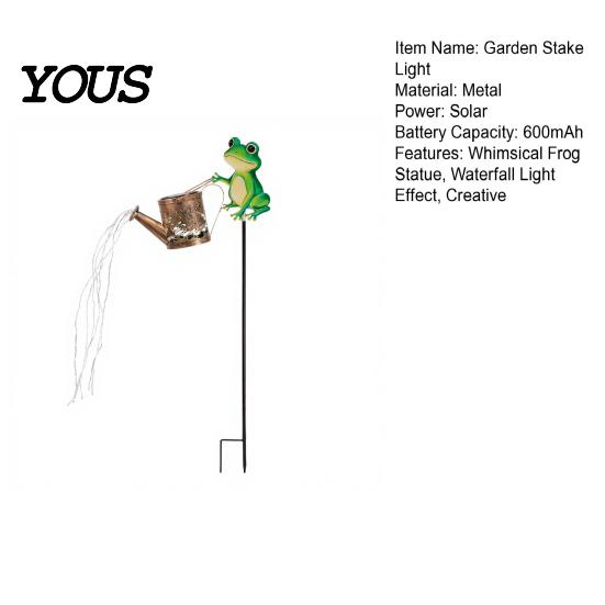Nature Inspired Outdoor Ornaments Solar Frog Garden Stake Light, Watering Can Shadow Projection Lamp with Metal Landscape Lighting Waterfall LED, Yard