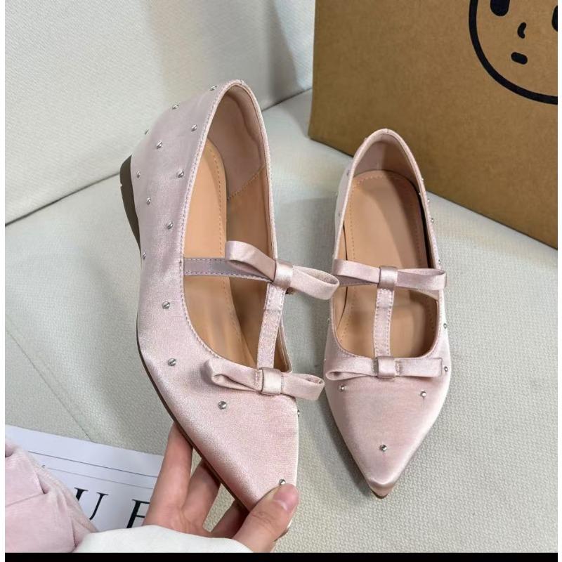 

New inner height increase 5cm polka dot satin pointed shoes bow commuting versatile temperament small single shoes women 33