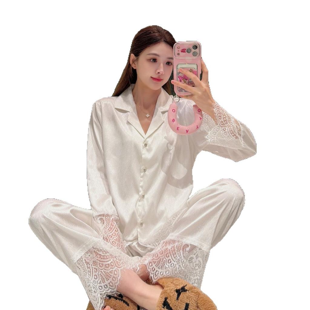 Pajamas women's spring ice silk satin lace high-end French loungewear set long sleeves trousers can be worn outside