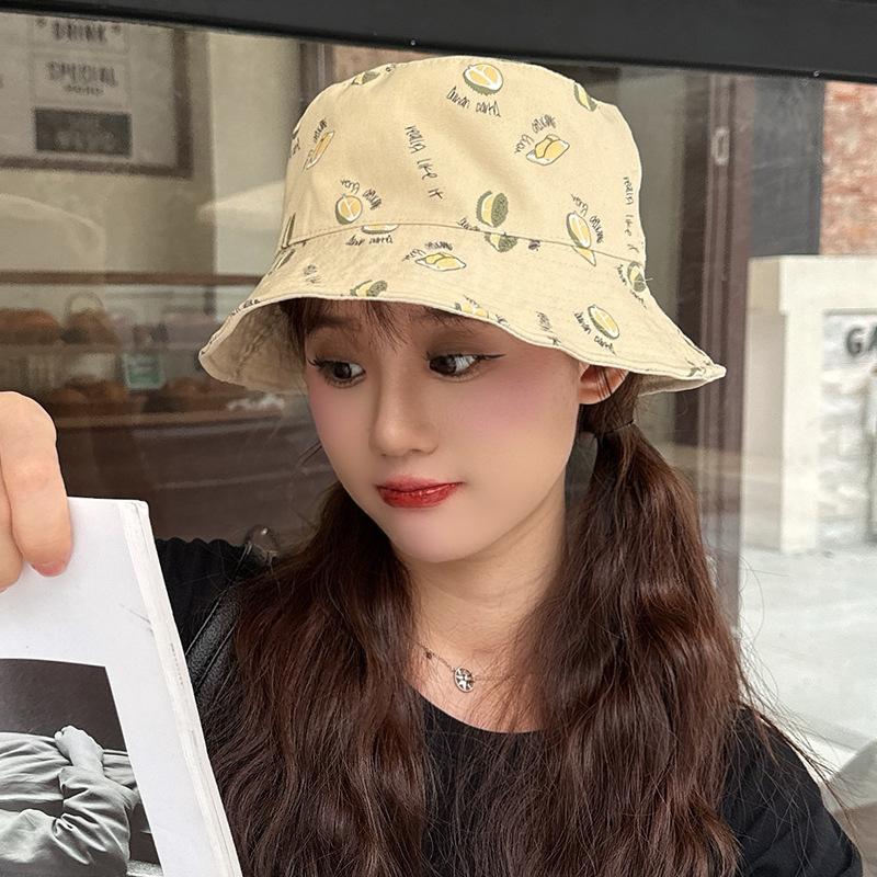 Durian Print Bucket Hat for Women Double-Sided Korean Style Spring Summer Sunshade Cute Sun Cap Foldable New