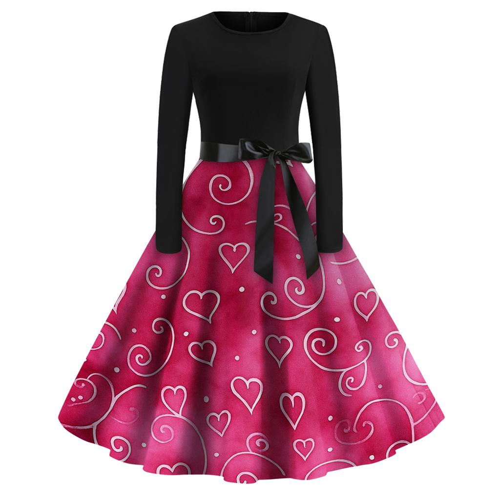 Women's Fashion Round Casual Slim Fit  Print Large Swing Long Sleeve Dress