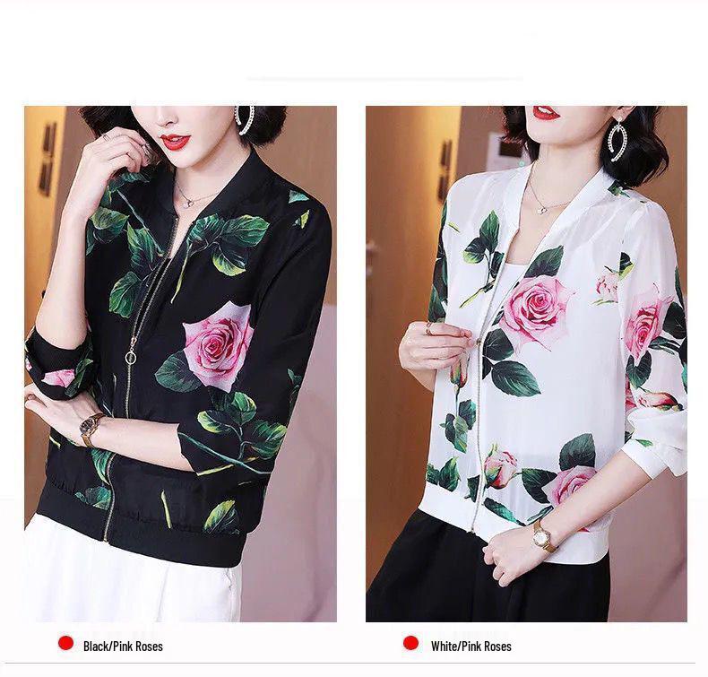 Women's Plus Size Chiffon Printed Baseball Jacket - Summer 2026 Style, Lightweight, Age-Reducing, Sun Protection Short Coat
