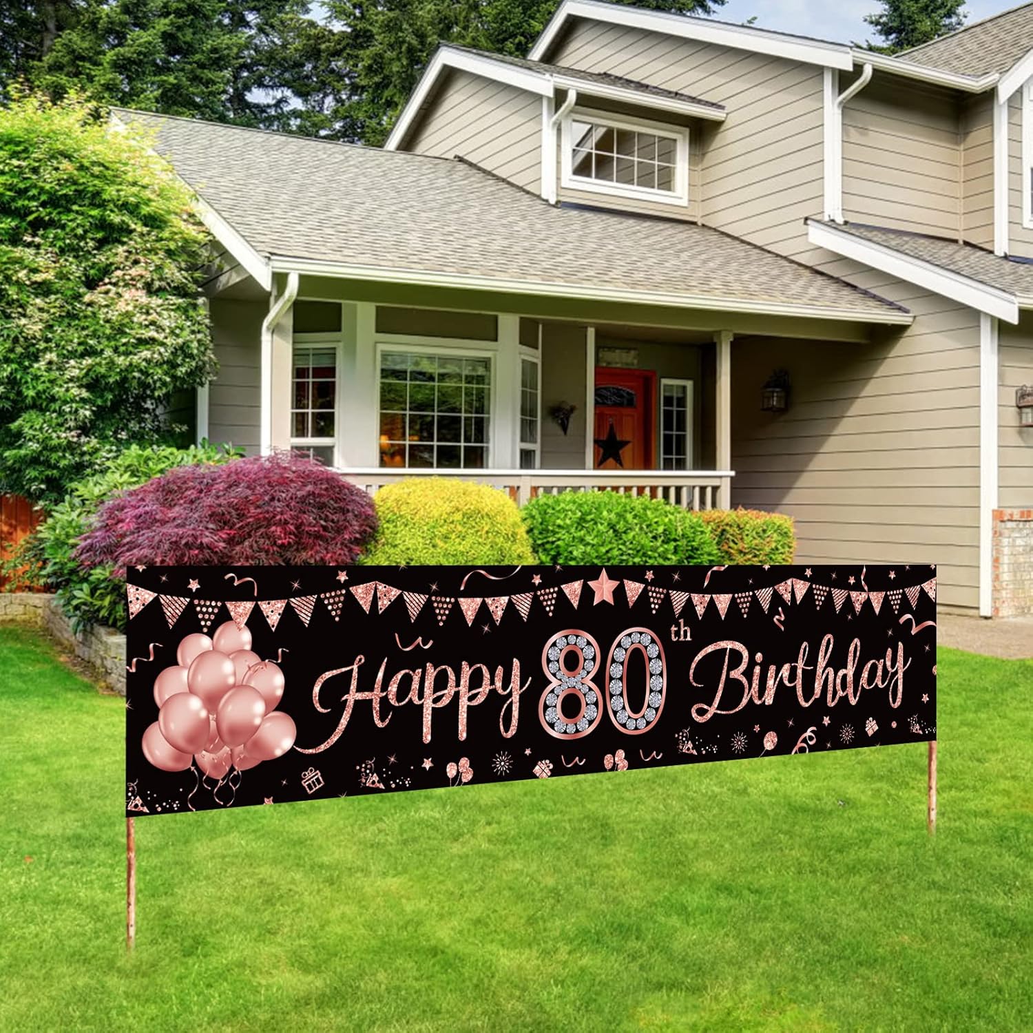 Happy 80th Birthday Banner Decorations for Women, Rose Gold 80 Birthday Sign Party Supplies, 80 year old Theme Bday Photo Poster Decor for Outdoor
