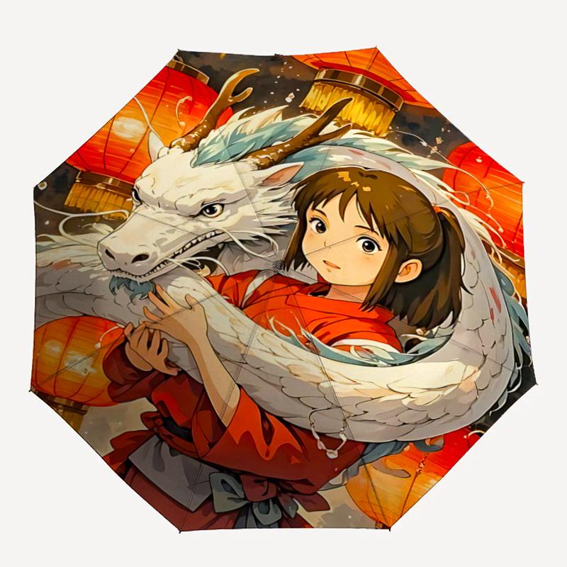1pc Dragon Wrapped Around Girl with Red Lanterns Automatic Opening/Closing Umbrella, Portable Tri-Fold Design, 8-Bone Iron Frame, Outdoor Umbrell