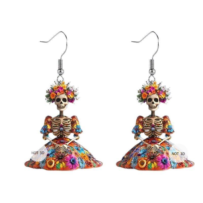 Flower Halloween And Skull Pattern Women Earrings For Festival Celebration