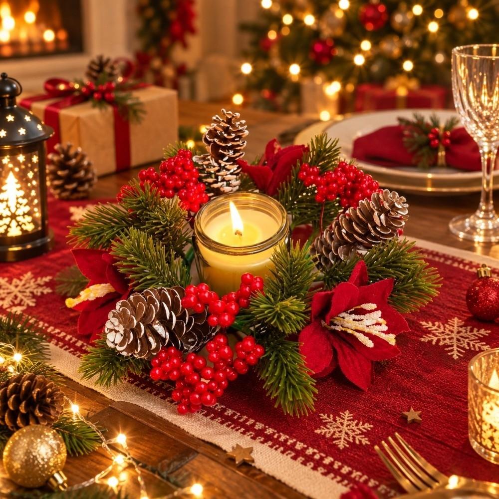 Red Berry Christmas Wreath Candlestick Flower Pillar Candlestick Wreath Candle Holder  Home Decor