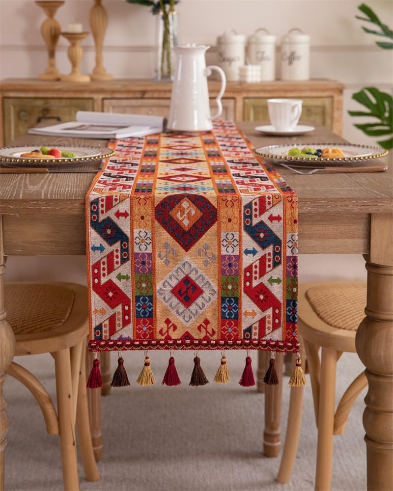 Bohemian Jacquard Tafel Runner, Vintage Boho Tafel Runner, Oranje Diamant Katoenmix met Kwastjes voor Eettafel Feest 33x120cm brown