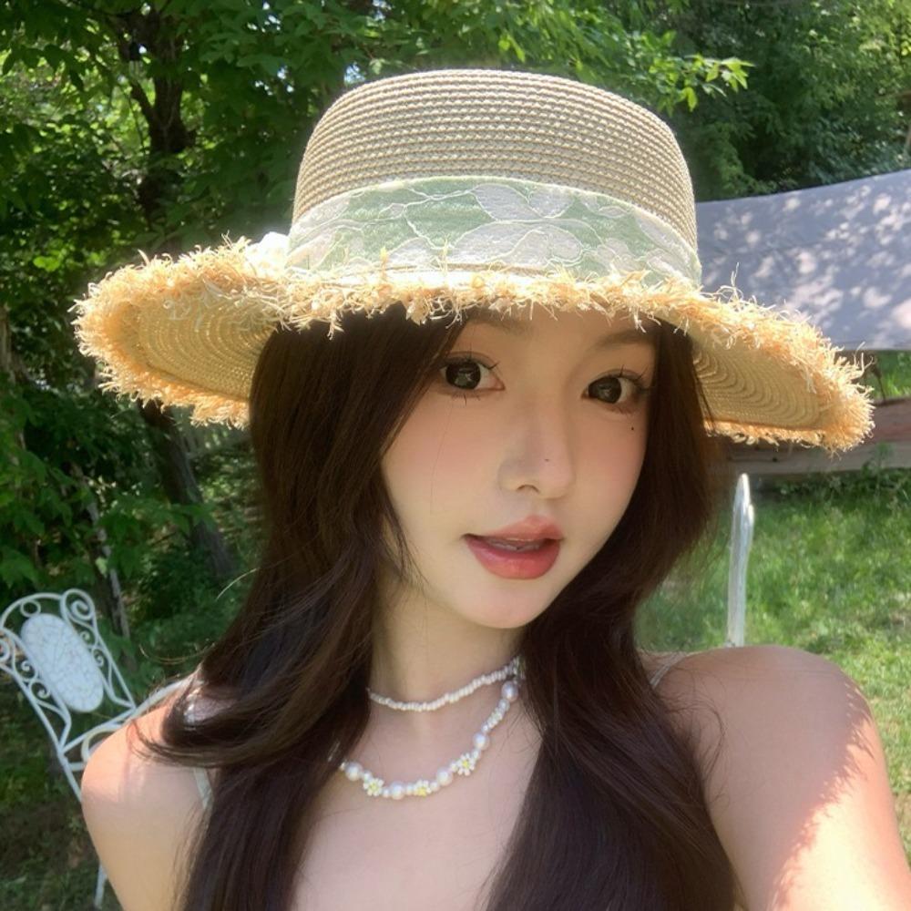 Wide Brim Lace Floral Brim Cap Flat Top Women's Sun Hat Sunshade Sunscreen Hat Vacation