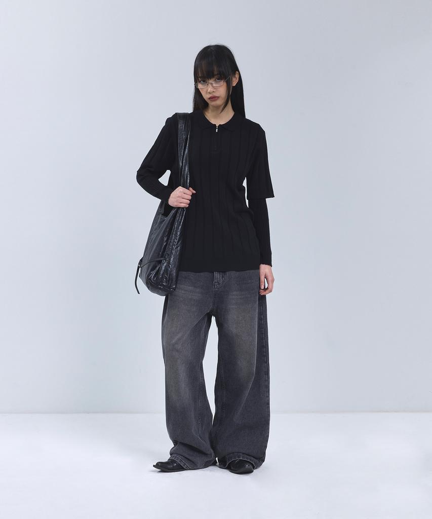 IRONYPORNO WHITELINE 86-Iro356 Micro Cable Half-Zip Collared Short Sleeve Knit Black