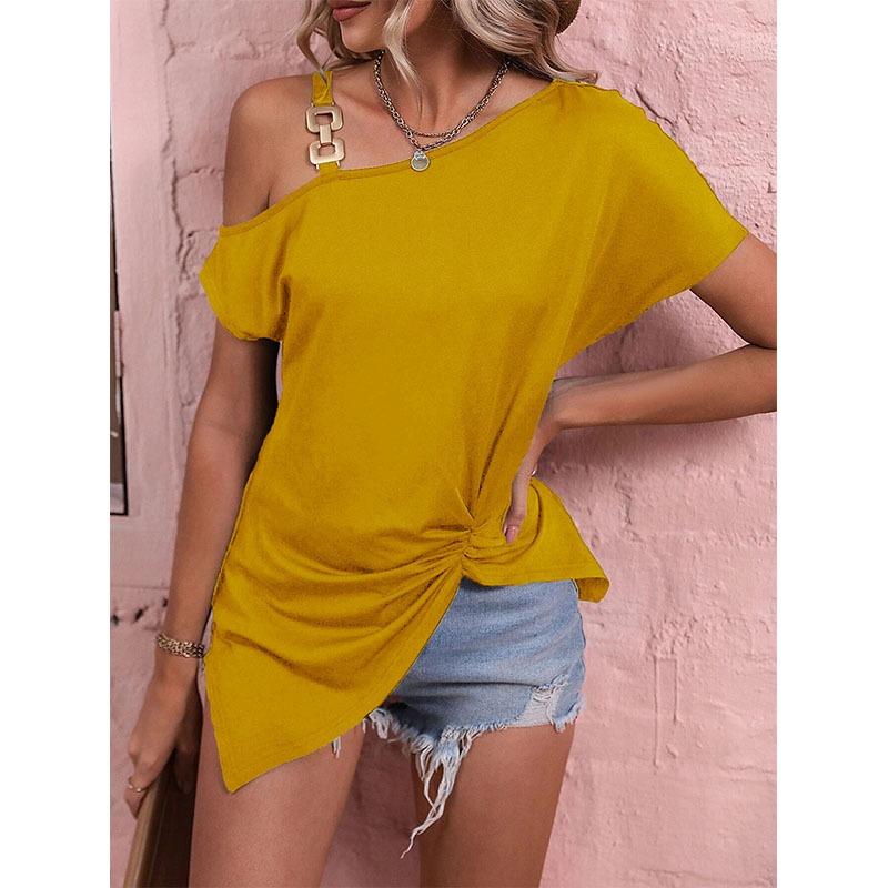 Léto Nové Tričko s jedním ramenem Krátký rukáv Dámské topy Elegantní Jednobarevné Tričko větší velikosti Ležérní Dámské Jednobarevné Jednoduché Volné Dámské tričko do kanceláře 24531