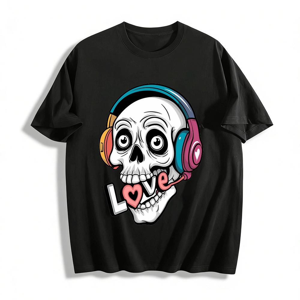 

Skull Love Print Headphone Graphic Cool Casual Unisex T-Shirt Pure cotton T-shirt XXS