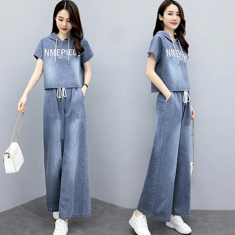Summer Denim Wide Legged Pants Set Women's Hooded Letter Cowboy Top+Trousers Female Fashion Casual Two Piece Sets