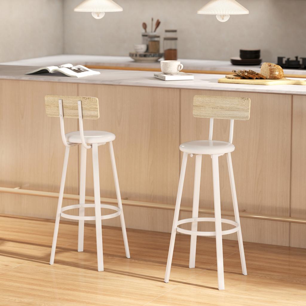 Bar Stools, Set of 2, Padded Seat, 75.5 cm High, Backrest and Footrest, Natural Wood and White