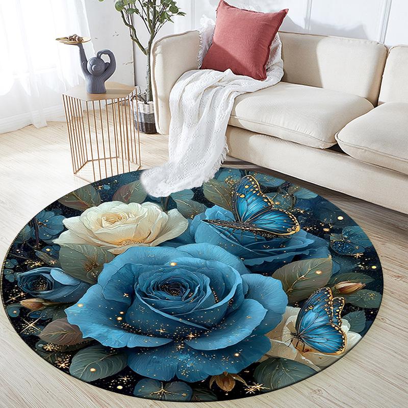 Blue Roses Round Area Rug,Carpet Rug for Living Room Bedroom Sofa Playroom Decor,Non-slip Floor Mat