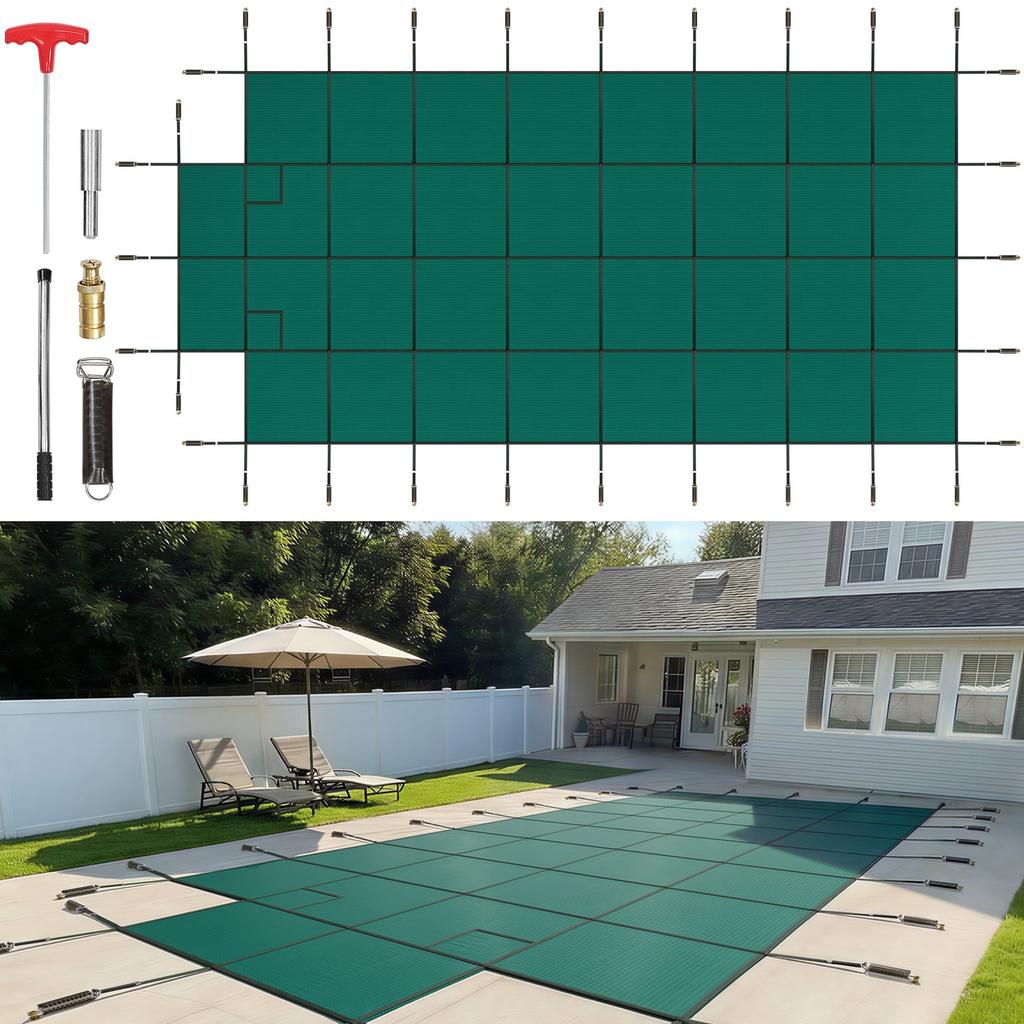 Pool Safety Cover Fits 18x36ft Rectangle Inground Pools, Safety Pool Cover with 4x10ft Center End Step, Mesh Solid Pool Cover with Drainage Holes for
