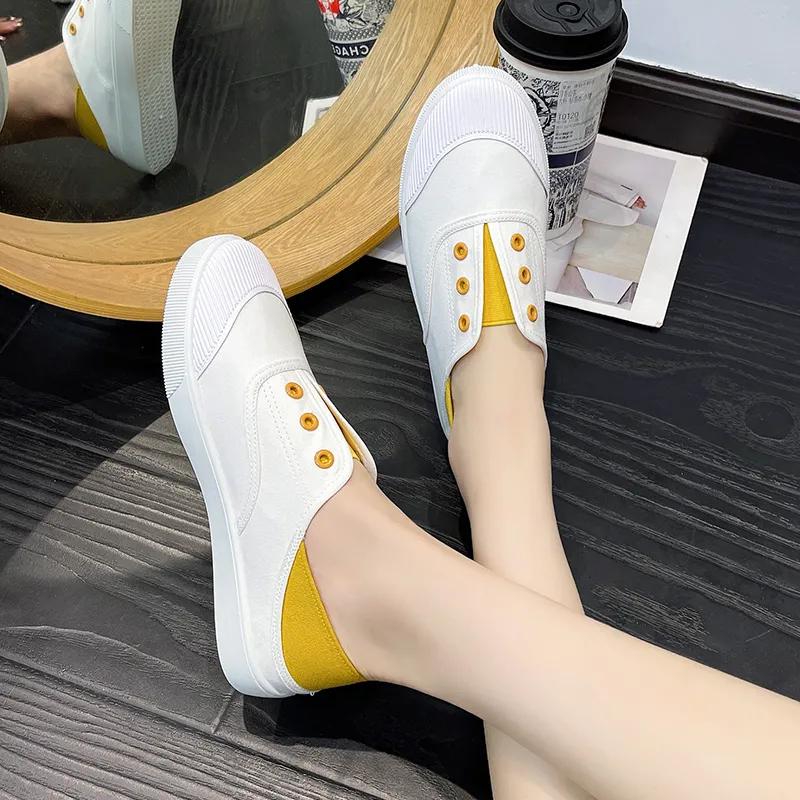 Zapatos De Mujer Women Classic Round Toe White Canvas High Quality Anti Skid Slip on Flat Shoes Lady Black Shoes A1457