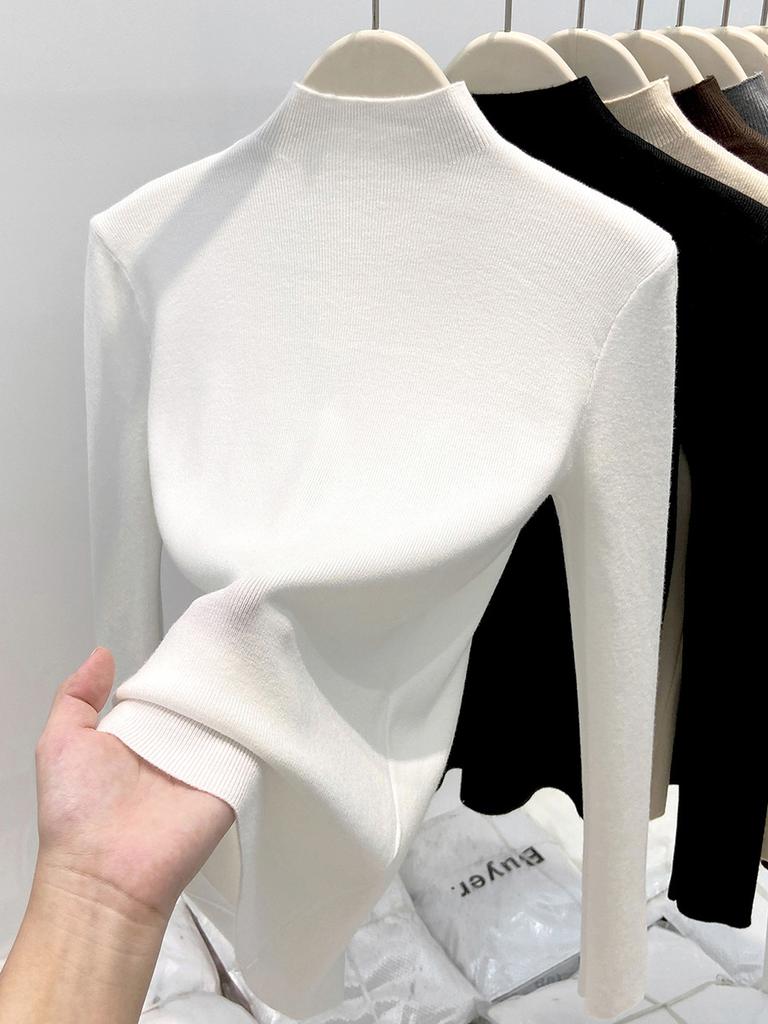 White basic semi-turtleneck knitted sweater women's autumn and winter slim-fitting and thin inner long-sleeved soft waxy sweater fashionable top