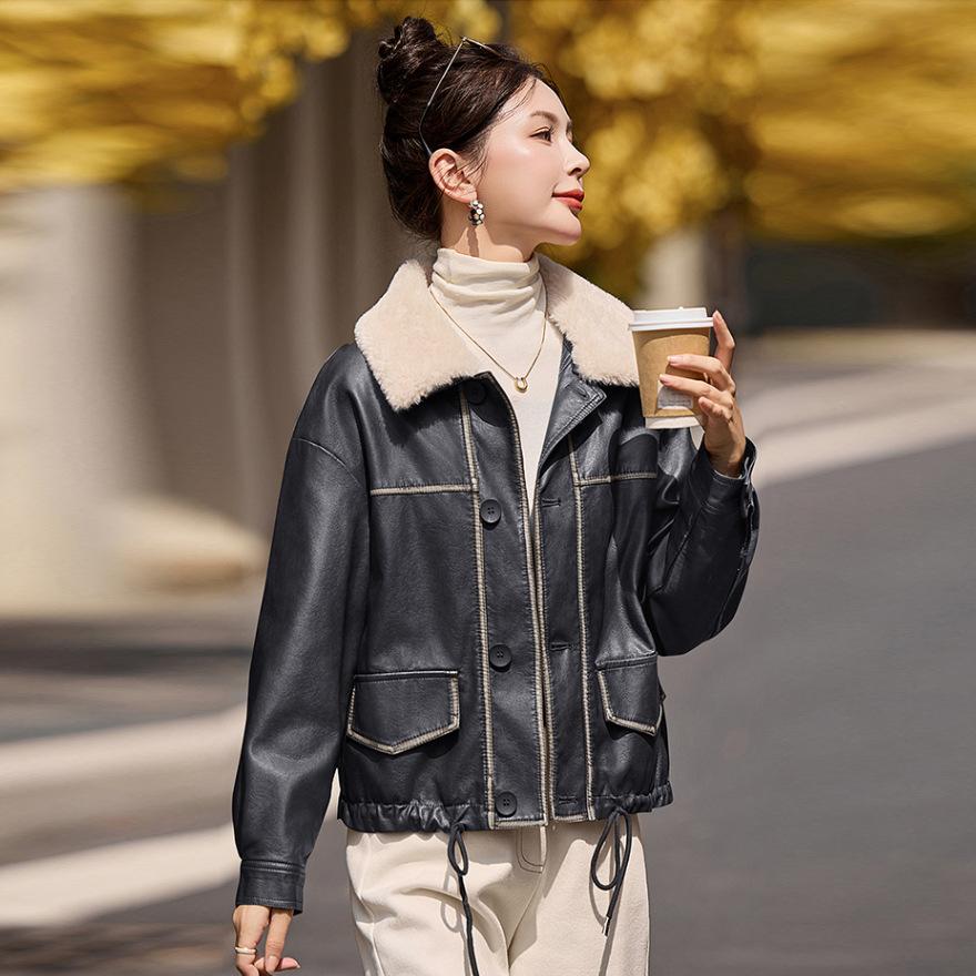 Fashion cotton thickened leather jacket short jacket women's autumn and winter motorcycle jacket top
