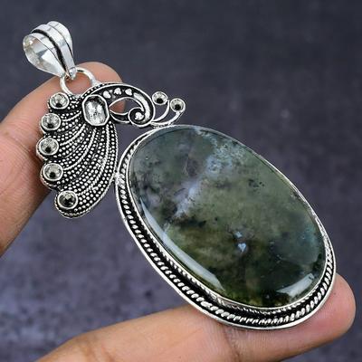 Natural Indian Moss Agate Gemstone 925 Steling Silver Pendant 3.03" P4e99