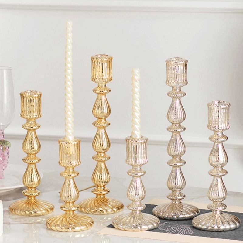 Candle Stick Holders Tapers Candle Holders Ribbed Glass Candlestick Holders with Wide Round Base for Dining Table Shelf Display, Home Accent, and