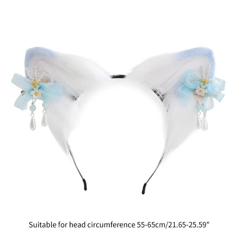Bandeau Oreilles de Chat Dessin Animé avec Épingle à Cheveux Fleurie Support de Cheveux Accessoire de Tête Cosplay Fête