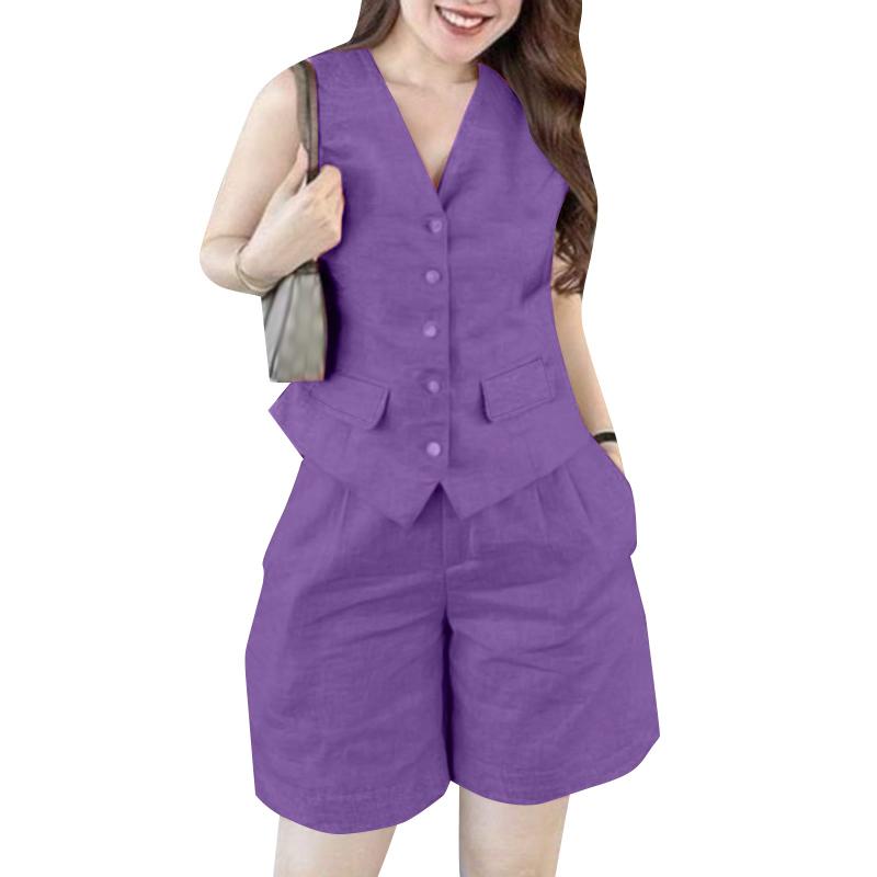 

ZANZEA Женские жилеты, топы и шорты, повседневные комплекты из двух частей L фиолетовый