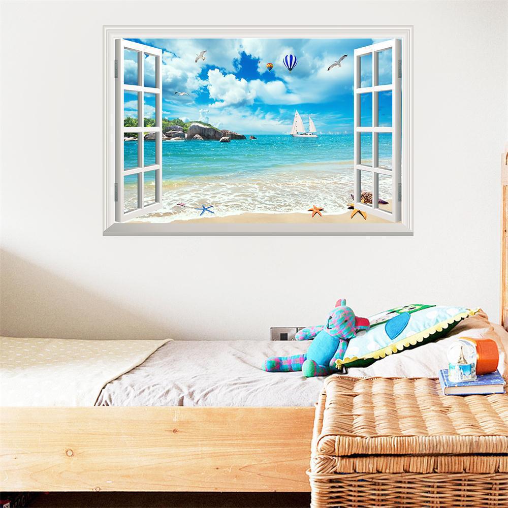 57*90cm 3D Plážový Racek Horkovzdušný Balón Falešné Okno Nástěnná Malba Obývací Pokoj Ložnice Odnímatelná Nástěnná Samolepka Hoom Dekor