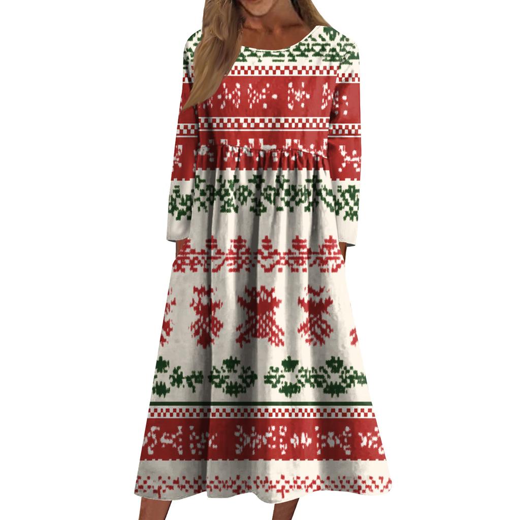 Damen Freizeitkleid mit Rundhalsausschnitt, Weihnachtsdruck, mittellang, langärmlig mit Tasche