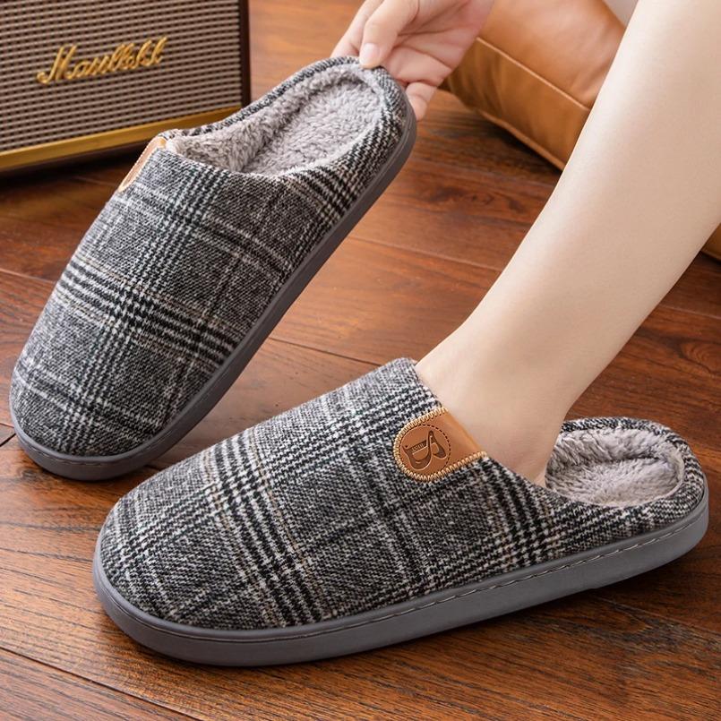 Fashion Plaid House Slipper Male Men  Plus Large Size Thermal Winter Warm Fuzzy Fur Contton Plush Non Slip Indoor Lazy Home Shoe Flat