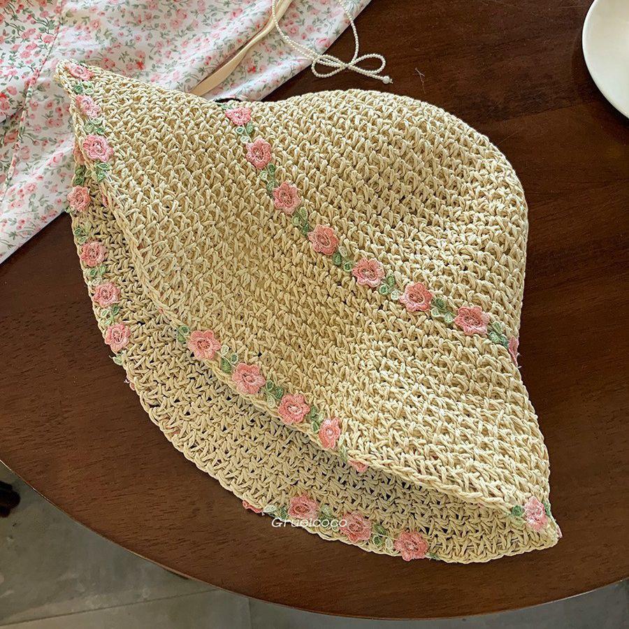 Sweet flower summer straw hat women's seaside beach vacation hollow shading breathable outdoor leisure versatile bucket hat