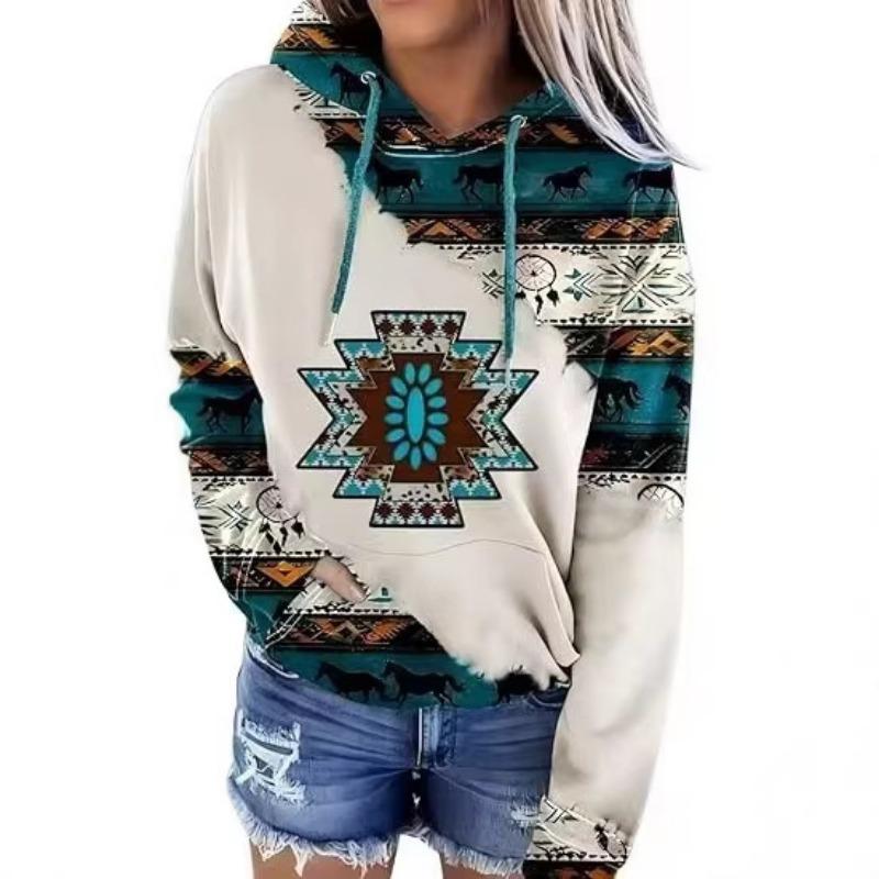 Women S Casual Ethnic Tribal Print Hooded Long Sleeve Sweatshirt
