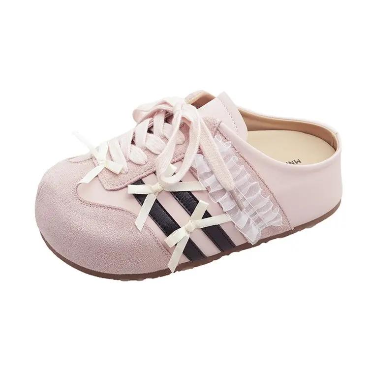 

Fashion Women s 2025 New Inner Increase Lace Bow Bun Head Half Drag Fashion Slip-on Lazy Shoes 35 розовый