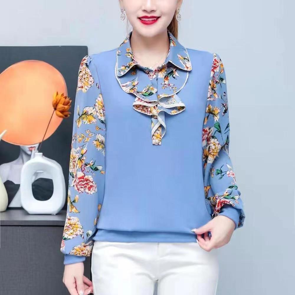 

Высококачественная блузка с воротником «лепесток лотоса», новая, с принтом, модная, приталенная, длинная, свободная, омолаживающая женская блузка XXXL синий