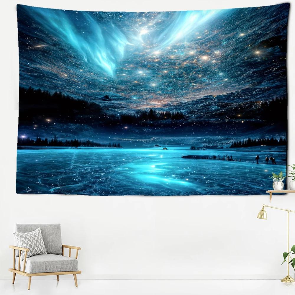 Blue Aurora Ice Forest Tapestry Wall Hanging Landscape Bohemian Minimalist Art Living Room Bedroom Home Decor