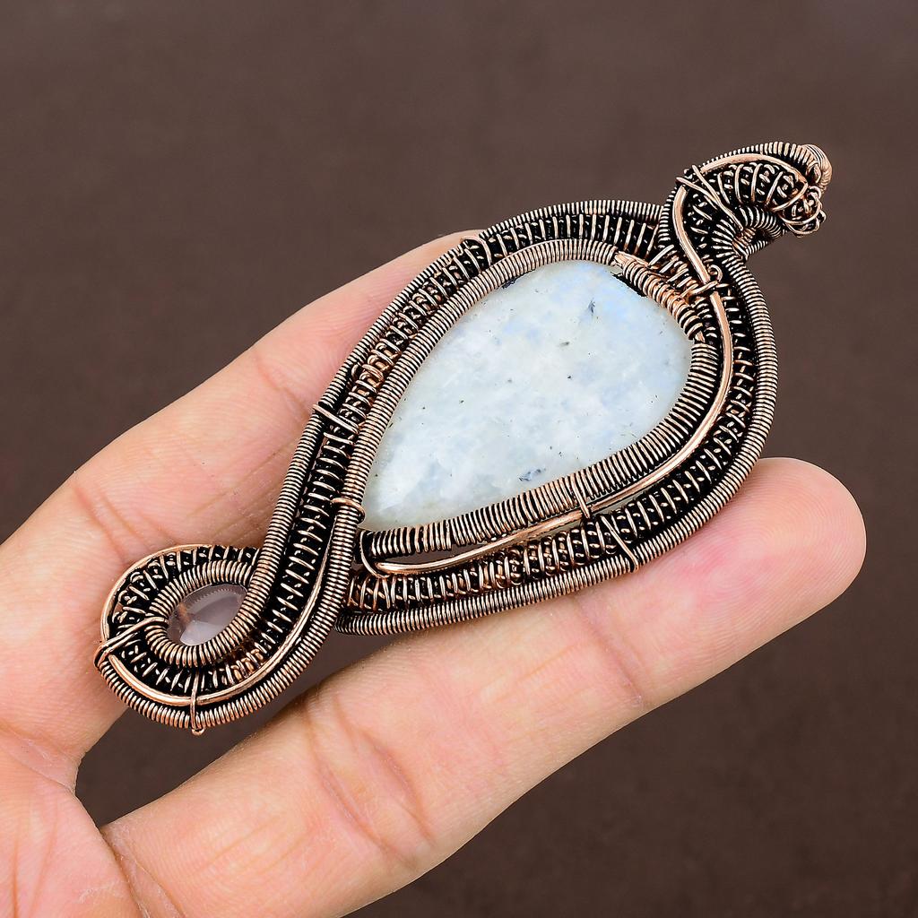 Natürlicher Regenbogen Mondstein,Rosenquarz Stein Kupferdraht Wickel Anhänger 3,54" P5J91