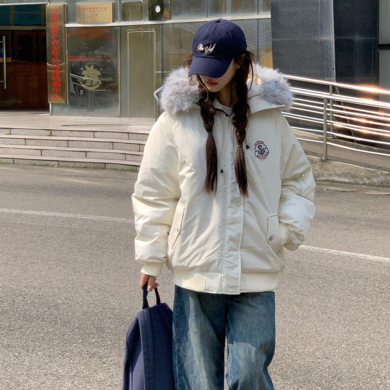New winter coat, large cold-proof and warm fur-collared cotton-padded jacket, women's short thickened loose cotton-padded jacket.