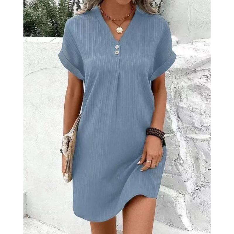 Women's Summer Shirt Dress V-Neck -Short Sleeve Button Midi Dress Loose Solid Color Beach Party Dress