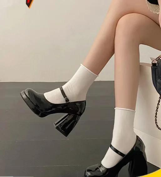 Dámské boty Mary Jane, nové, vysoké podpatky, dámské korejské, silné, kulaté, retro, bílé a černé, vysoké podpatky, svatební boty pro nevěstu