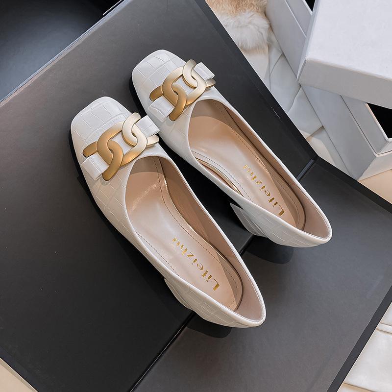 Fashion Chunky Med-High Heels Shoes Woman Luxury Metal Chain Pumps Alligator Mary Janes Ladies Dress Square Toe Tacones Mujer Escarpins