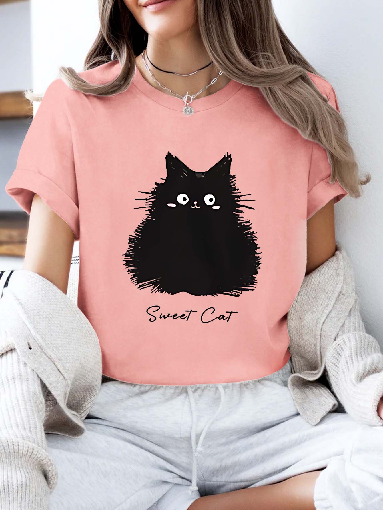 

Camiseta de Unisexga corta de talla grande Ropa de mujergráfico de gato negro lindo Sweet Cat S