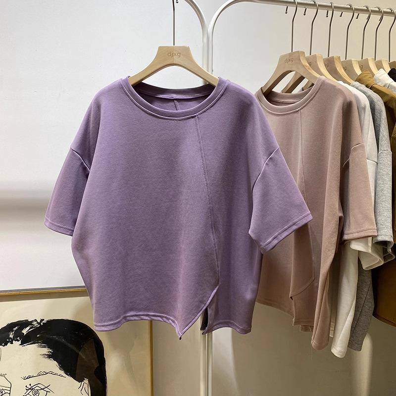 Women's Loose Fit Round Neck Tee with Irregular Slit Design - 2024 Korean Summer Style