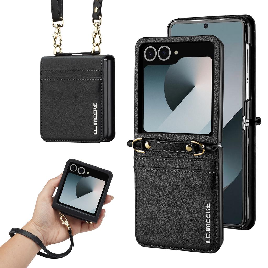Crossbody Cards Solt Wallet Leather Case For Samsung Galaxy Z Flip 7 6 5 4 5G 3 7FE Flip7 Bag Strap Long Lanyard Business Cover