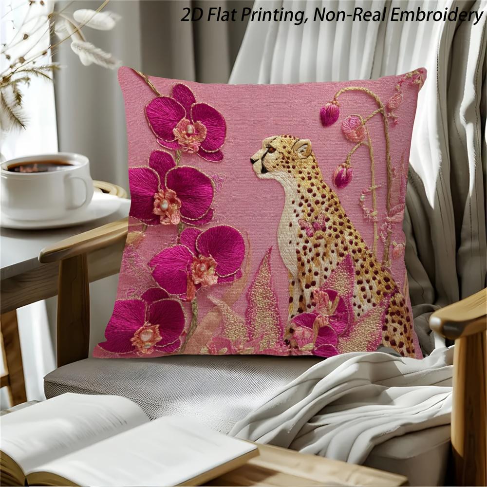 2D Flat- # Pink Cheetah Orchid Floral Throw Pillow Cover 2D Flat Printed Decorative Cushion Case For Home Sofa Bedroom